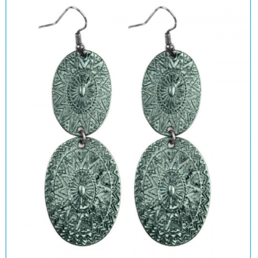 SILVER TURQUOISE EMBELLISHED OVAL LINKED DROP BURNISHED EARRINGS